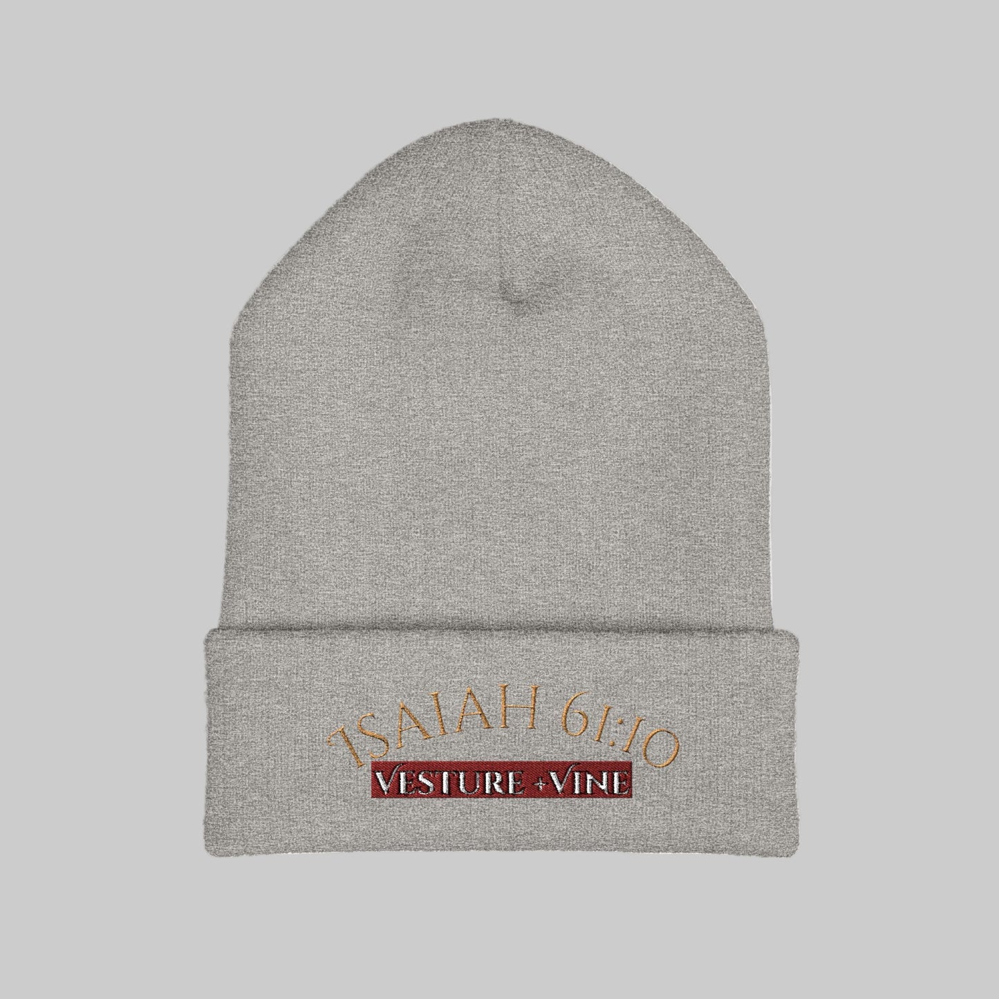 Gray beanie with embroidered text on a white background