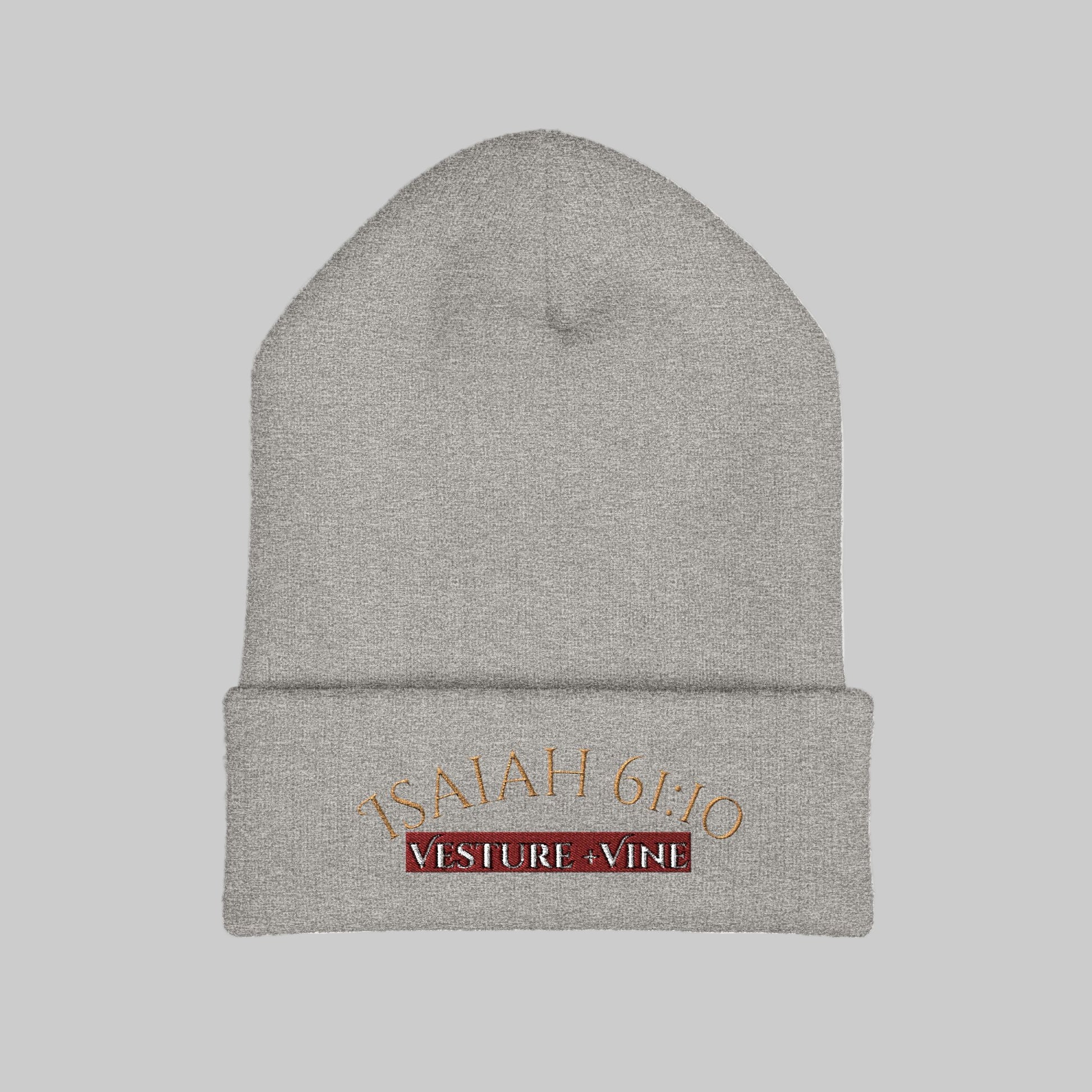 Gray beanie with embroidered text on a white background
