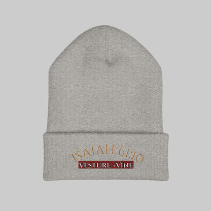 Gray beanie with embroidered text on a white background