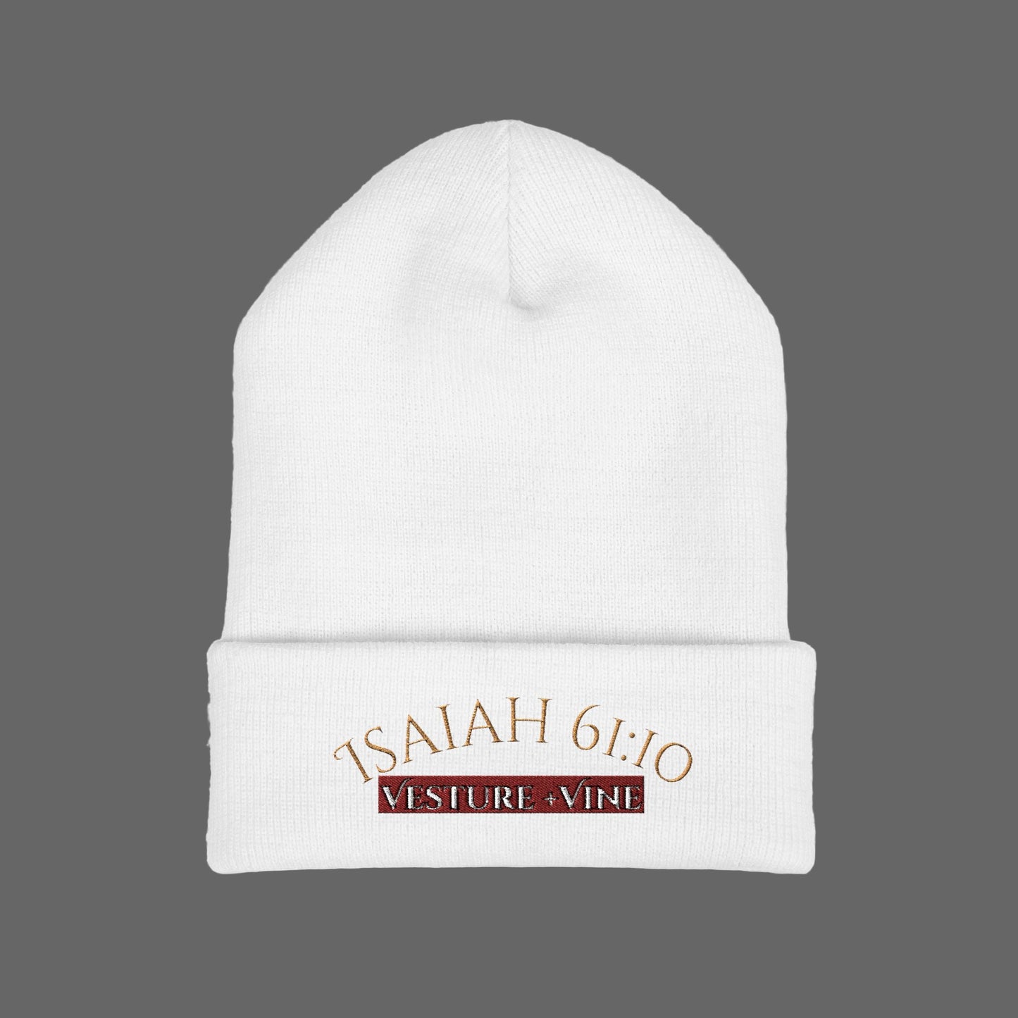 White beanie with 'Isaiah 6:10' text on a white background