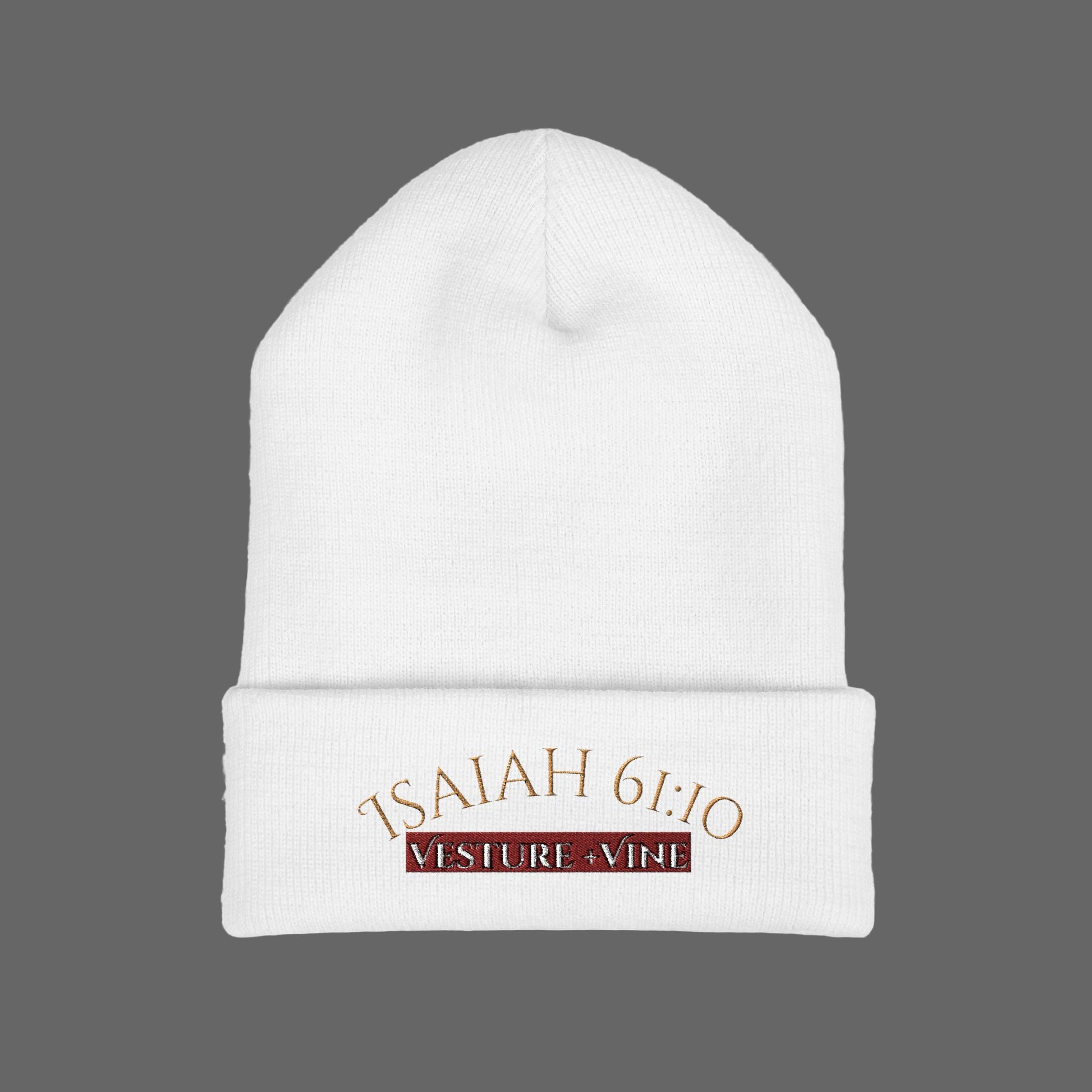White beanie with 'Isaiah 6:10' text on a white background