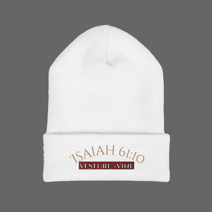 White beanie with 'Isaiah 6:10' text on a white background