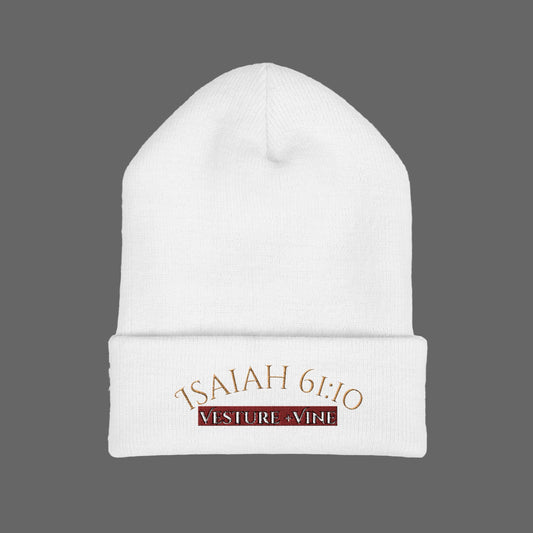White beanie with 'Isaiah 6:10' text on a white background